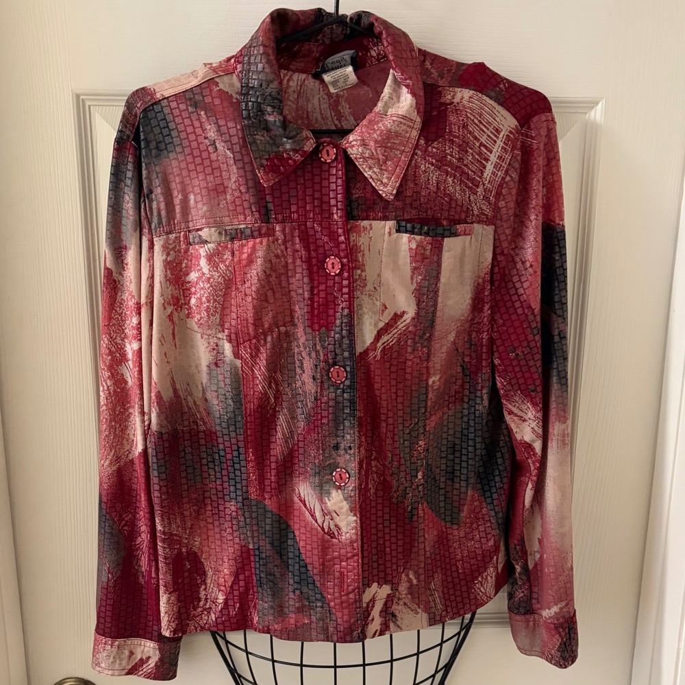 Southern Lady Women's Size 8 Red Abstract Print Button Up Blouse Y2K